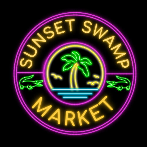 Sunset Swamp Market Logo Sunset Swamp Market logo in neon lights font, representing a Florida-based vintage resale brand specializing in antiques, kitschy collectibles, and groovy MCM decor.